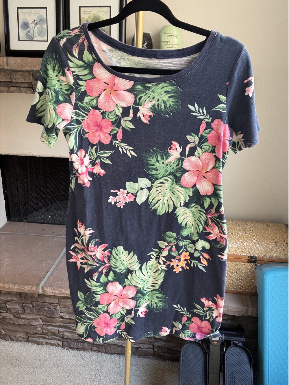 No label Navy Tommy Bahama-style shirt dress with pink hibiscus and Size S